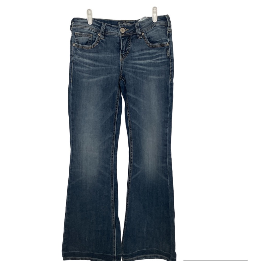 (Size M) Silver Super Stretch Denim Jeans Akio Mid Flare